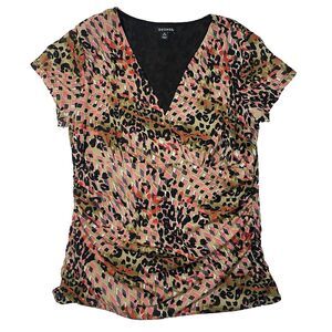 Y2K George Blouse Black Coral Geometric Cinched Sides Low V Top Size Medium